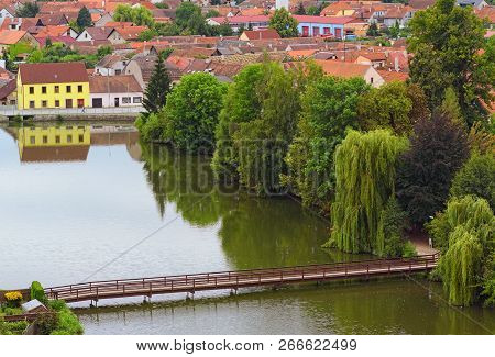 Aerial View Of Telc And Castle Lake With Wooden Bridge. Summer Landscape. Telc, Southern Moravia, Cz