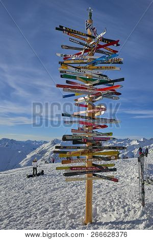 Ischgl, Austria - December 31, 2017: Post With Directions To The Ski Slopes In The Austrian Alps, Is