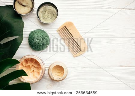 Natural Eco Friendly Solid Shampoo Bar, Wooden Brush,  Deodorant Cream, Scrub And Konjaku Sponge On 