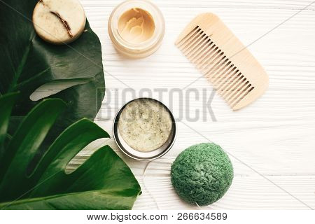 Zero Waste Flat Lay. Natural Eco Friendly Solid Shampoo Bar, Wooden Brush,  Conditioner,soap, Konjak