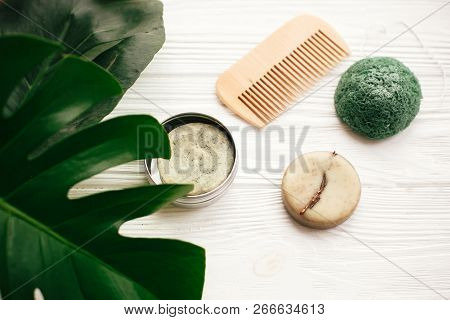 Zero Waste Concept. Natural Eco Friendly Solid Shampoo Bar, Wooden Brush,  Conditioner,soap, Konjaku