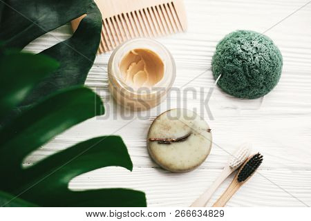 Eco Friendly Natural Bamboo Toothbrushes, Shampoo Bar, Toothpaste In Glass, Wooden Brush And Konjaku
