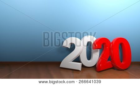 The Number 2020 In White And Red Digits Standing On The Floor Of A Room, Leaning At Its Blue Wall