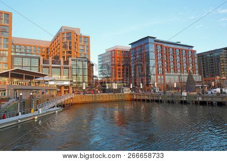 Washington, Dc - December 7 2017: Water Taxi At The Wharf, Buildings And Skyline At The Newly Redeve