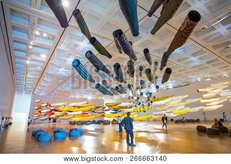 Tokyo, Japan - April 26 2018: Japanese Carp Windsock Displayed At The National Art Center In Roppong