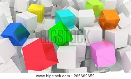 A Pile Of Falling White And Colored Cubes.