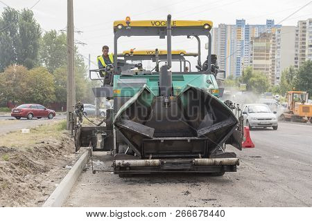 Kiev, Ukraine. August 13 2018 Road Works. Road Specialized Equipment Is Laying The Way. The Special 