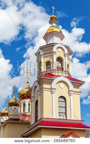 Towers With Golden Domes Of Church In Honor Of The Holy Myrrhbearers In Samara, Russia