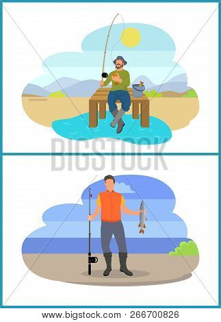 Fishing Fisherman From Platformand From Bank. Standing And Sitting Fishers With Fish-rods And Full B