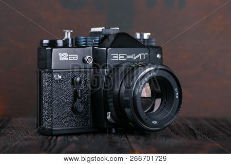 Moscow, Russia, April 20, 2017. The Old Soviet 35 Mm Slr Camera Zenit 12sd Xs, Released 1991.