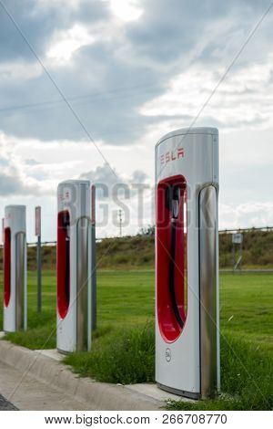 Waxahachie, Texas, Usa - October 1, 2018 - Tesla Destination Charger Station Located Off Interstate