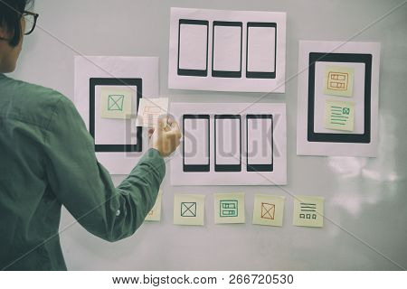 User Experience Ux Designer Designing Web On Mobile Phone Tablet Layout. Ui Planning Mobile Applicat