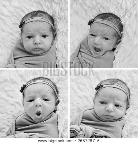 Four Photos In One: 4 Baby Newborn Faces Close-up With Different Facial Expressions