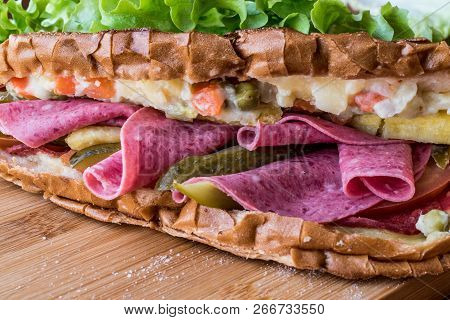 Ayvalik Toast / Salami Sandwich With Russian Salad And Pickle