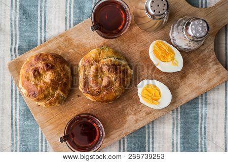 Turkish Borek Boyoz With Egg And Tea.