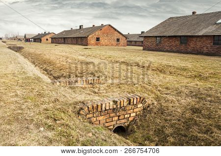 Auschwitz, Poland - March 30 2012: View On Prisoners Barracks In Birkenau, Treblinka 2 Oswiecim, Pol
