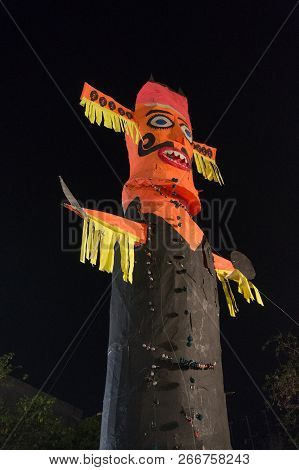 Ravan Ravana Effigy Standing Against Night Sky On Dussera