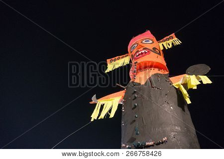 Ravan Ravana Effigy Standing Against Night Sky On Dussera