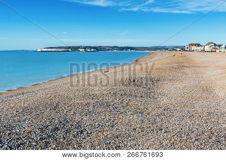 Seaford Beach, East Sussex. England, Pebbly Beach And Blue Sea, View Of Newhaven Town, Selective Foc