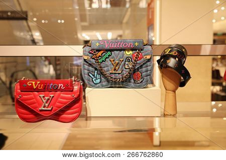 Fashion Accessories, Beautiful Bags In A Luxury Louis Vuitton Store. Moscow. 01.11.2018
