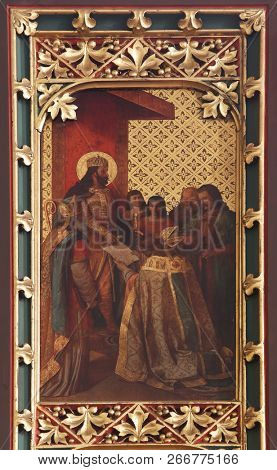 ZAGREB, CROATIA - APRIL 16: St. Ladislaus decree gives the first bishop of Zagreb, altarpiece in Zagreb cathedral dedicated to the Assumption of Mary in Zagreb on April 16, 2015