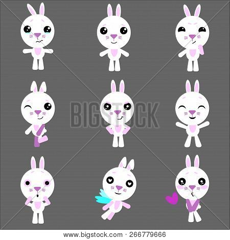 Set Of Cute Bunny Rabbit Character With Different Emotions. Vector Cartoon Bunny Character. Vector C