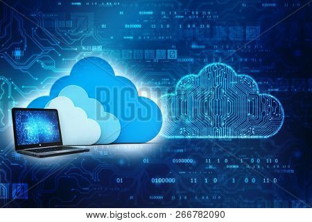 3d Rendering Cloud Computing Concept, Cloud With Computer In Technology Background