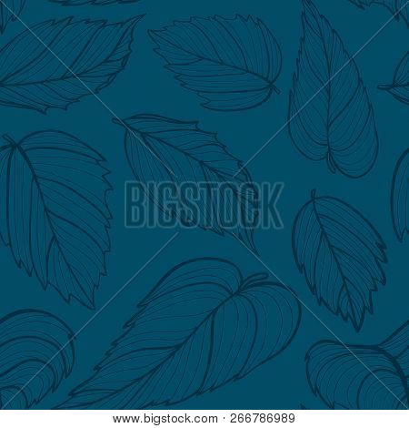 Vector Dark Blue Tropic Leaves Seamless Pattern Background.