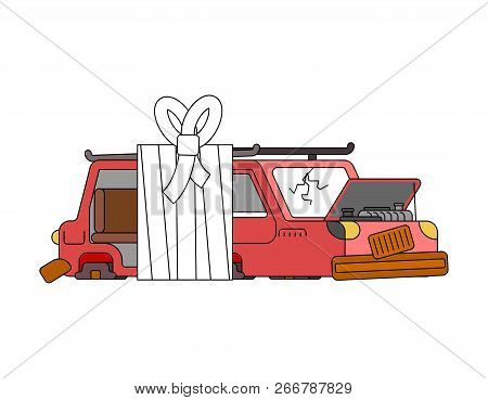 Car With Bandages. Sick Automobile In Bandage. Auto Help Service
