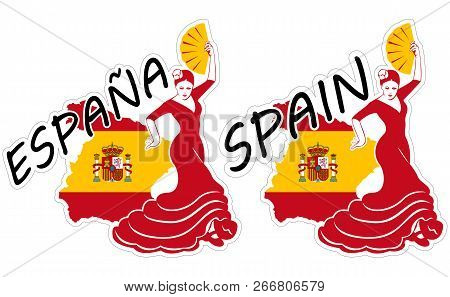 Vector Illustrations Of Stickers Of Lettering Word Spain Or Espana (spanish Language) With Flamenco 