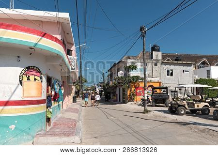 Sandy Road With Tourists And Stalls On Holbox Island, Quintana Roo, Mexico Located In North Yucatan