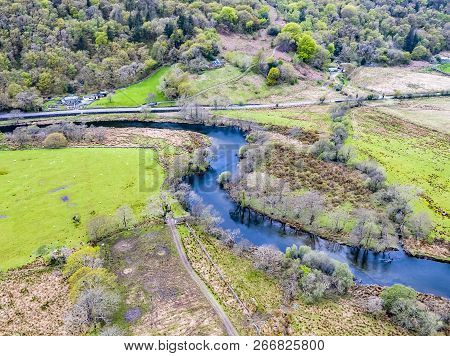 Aerial View Of The Glaslyn River In Spring - Snowdonia National Park - Wales