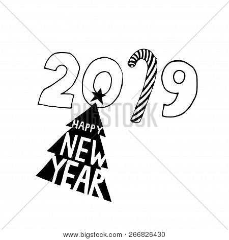 Happy New Year Typographic Emblems Set. Vector Logo, Text Design. Black And White. Usable For Banner