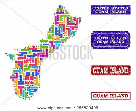 Mosaic Brick Style Map Of Guam Island And Rubber Rectangle Seals. Vector Map Of Guam Island Designed