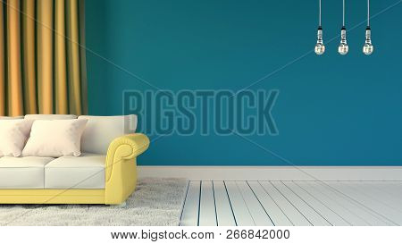 Room Interior With Blue Wall And Pillows On Yellow Sofa With White Carpet And Three Lamps. 3d Render