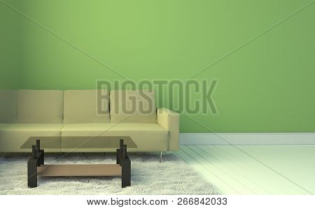 Living Room Interior With Yellow Sofa And Carpet, Light Blue Wall Background. 3d Rendering