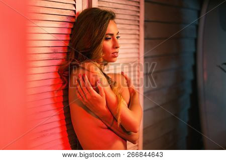 Attractive Young Woman With A Perfect Figure Standing Naked Or Nude At A Beach House At Sunset Cover