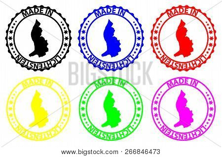 Made In Lichtenstein - Rubber Stamp - Vector, Lichtenstein Map Pattern - Black, Blue, Green, Yellow,