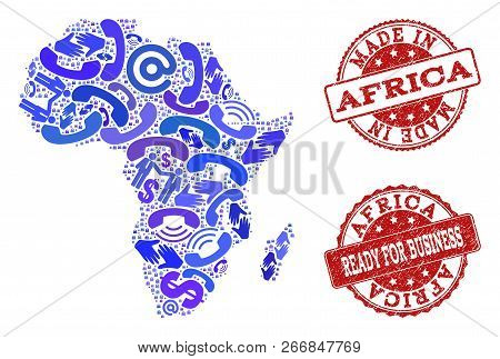 Business Contacts Collage Of Blue Mosaic Map Of Africa And Rubber Stamps. Vector Red Imprints With U