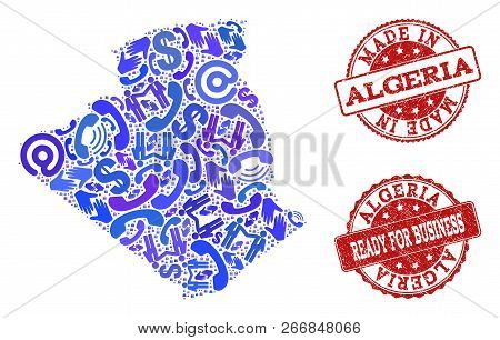 Business Contacts Combination Of Blue Mosaic Map Of Algeria And Rubber Seals. Vector Red Seals With 