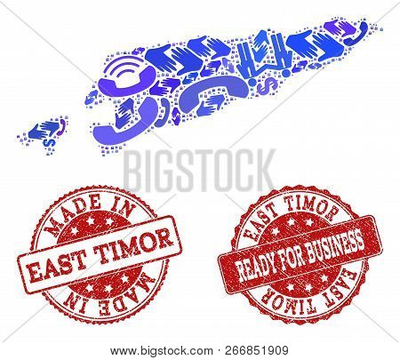 Business Contacts Composition Of Blue Mosaic Map Of East Timor And Corroded Stamps. Vector Red Water