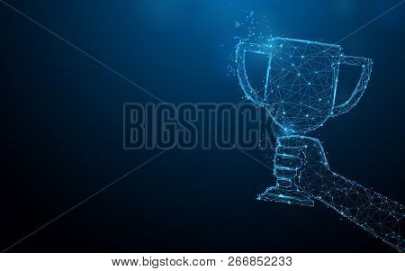 Hand Holding Trophy Cup Tophy Form Lines, Triangles And Particle Style Design. Illustration Vector