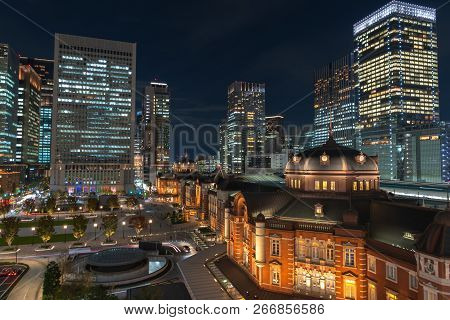 Tokyo Station Building At Twilight Time. At The Marunouchi Business District, Japan.