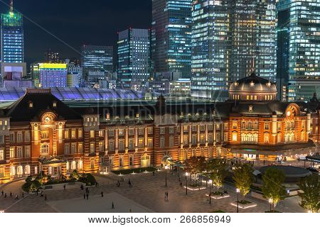 Tokyo Station Building At Twilight Time. At The Marunouchi Business District, Japan.