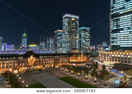 Tokyo Station Building At Twilight Time. At The Marunouchi Business District, Japan.