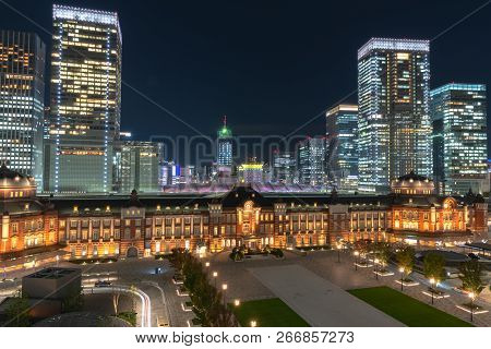 Tokyo Station Building At Twilight Time. At The Marunouchi Business District, Japan.