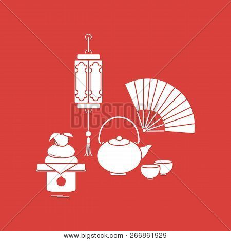 Eastern New Year Symbols. Chinese Lantern, Kettle With Two Cups, Fan, Kagami Mochi. Festive Traditio