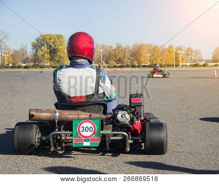 Karting Competitions, The Participant Is Sitting In The Map And Waiting For The Start Of The Competi