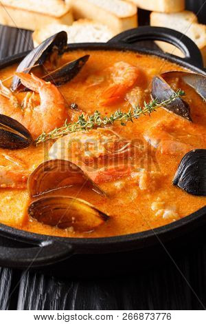 Traditional Catalan Recipe: Suquet De Peix Seafood Soup, Vegetables And Fish Closeup In A Bowl Serve