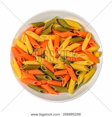 Tri Color Pasta Penne In White Bowl On White Isolated Background. Top View.